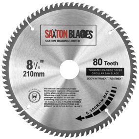 Saxton TCT21080T TCT Circular Saw Blade 210mm x 80 Teeth x 30mm Bore + 16, 20 and 25mm Rings