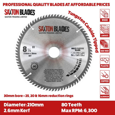 Saxton TCT21080TMPB TCT Circular Saw Blade 210mm x 80T x 30mm Bore + 16, 20, 25mm Ring Aluminium Laminate Hardwood