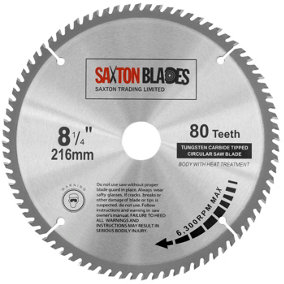 Saxton TCT21680T Saxton TCT Circular Wood Saw Blade 216mm x 80Teeth x 30mm Bore + 16, 20 and 25mm Rings