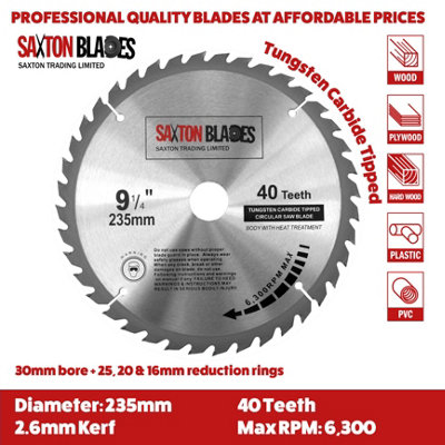 Saxton TCT23540T TCT Circular Saw Blade 235mm x 40T x 30mm Bore + 16, 20 and 25mm Reduction Rings