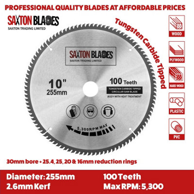 Saxton TCT255100T  TCT Circular Saw Blade 255mm x 100T x 30mm Bore + 16, 20 and 25mm Reduction Rings