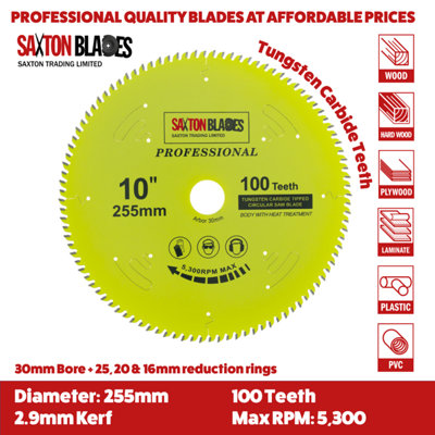 Lama Per Sega Circolare Saxton Professional 255x100T - Foro 30 Mm (con Anelli Riduzione), Per Legno E Pannelli | Compatibile Con Evolution, Bosch, Makita, DeWalt