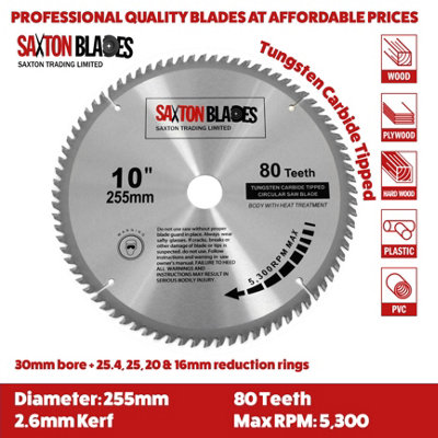 Saxton TCT25580T  TCT Circular Saw Blade 250mm x 80T x 30mm Bore + 16, 20 and 25mm Reduction Rings