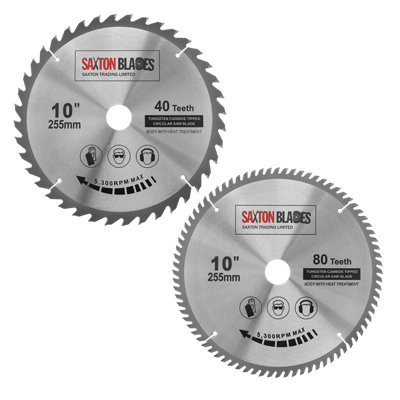 Saxton TCT255MXA TCT Circular Saw Blade 255mm x 40 and 80 Teeth x 30mm Bore + 16, 20 and 25mm Reduction Rings Pack of 2