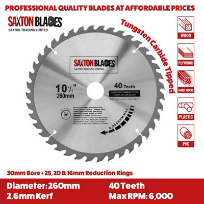 Saxton TCT26040T TCT Circular Saw Blade 260mm x 40T x 30mm Bore + 16, 20 and 25mm Reduction Rings