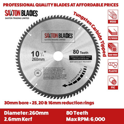 Saxton TCT26080T TCT Circular Saw Blade 260mm x 80T x 30mm Bore + 16, 20 and 25mm Reduction Rings