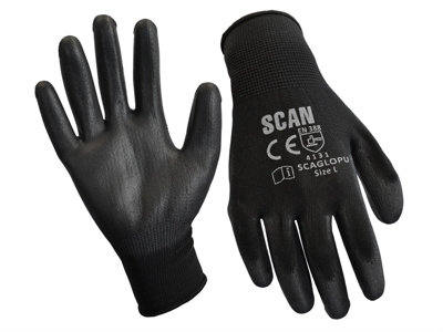 Scan 2AYH22L-24 Black PU Coated Gloves - L Size 9 240 Pairs SCAGLOPU240