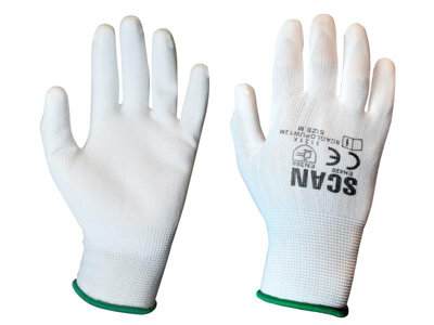 Scan 5004W White PU Coated Gloves - Medium Size 8 Pack 12 SCAGLOPUW12M