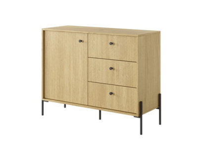 Scandi Contemporary Sideboard Cabinet 1 Hinged Door 1 Shelf 3 Drawers Scandi Oak Effect (H)820mm (W)1070mm (D)400mm