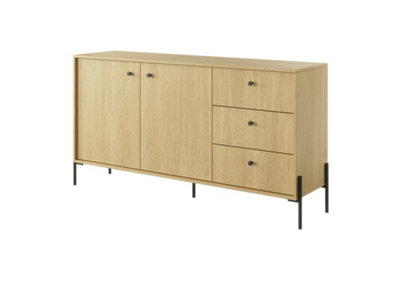 Scandi Contemporary Sideboard Cabinet 2 Hinged Doors 2 Shelves 3 Drawers Scandi Oak Effect (H)820mm (W)1570mm (D)400mm