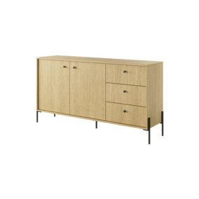 Scandi Contemporary Sideboard Cabinet 2 Hinged Doors 2 Shelves 3 Drawers Scandi Oak Effect (H)820mm (W)1570mm (D)400mm