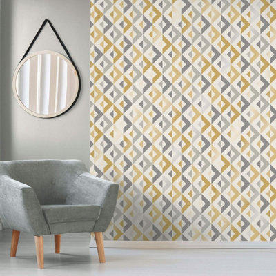 Scandi Geo Wallpaper Mustard Yellow Crown M1531