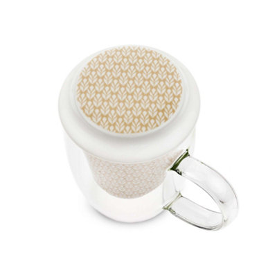 Scandi Home 400ml Lulea Mono Flowers Borosilicate Glass Mug with Ceramic Infuser
