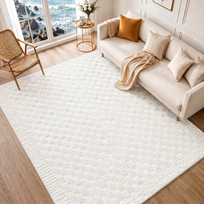 Scandi Modern High Pile Off-White Checkered Ekta Area Rug 200 x 275 cm ...