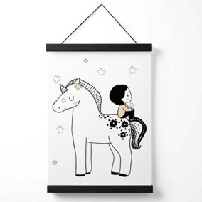 Scandi Prince Little Boy Sitting on a Unicorn Medium Poster with Black Hanger