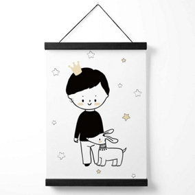 Scandi Prince Little Boy with Dog Medium Poster with Black Hanger