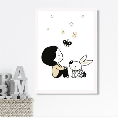 Scandi Prince Little Boy with Rabbit Framed Print SIZE: A3 with White Frame