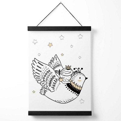 Scandi Princess Little Girl and Flying Bird Medium Poster with Black Hanger