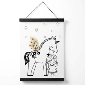 Scandi Princess Little Girl and Pegasus Medium Poster with Black Hanger