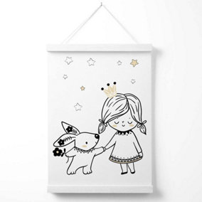 Scandi Princess Little Girl and Rabbit Poster with Hanger / 33cm / White