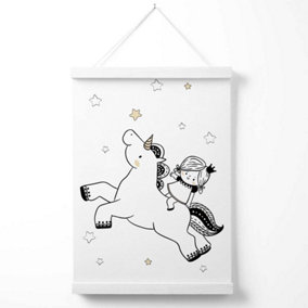 Scandi Princess Little Girl and Unicorn Poster with Hanger / 33cm / White