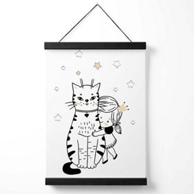 Scandi Princess Little Girl Hugging Cat Medium Poster with Black Hanger