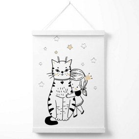 Scandi Princess Little Girl Hugging Cat Poster with Hanger / 33cm / White