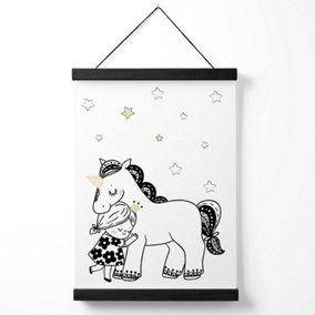 Scandi Princess Little Girl Hugging Unicorn Medium Poster with Black Hanger
