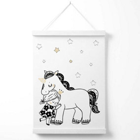 Scandi Princess Little Girl Hugging Unicorn Poster with Hanger / 33cm / White