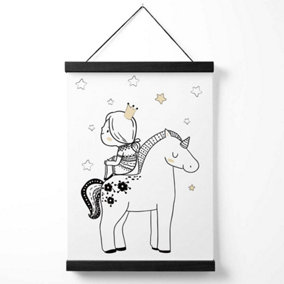 Scandi Princess Little Girl Sitting on Unicorn Medium Poster with Black Hanger