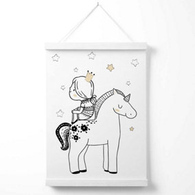 Scandi Princess Little Girl Sitting on Unicorn Poster with Hanger / 33cm / White