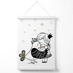 Scandi Princess Lttle Girl Hugging Bird Poster with Hanger / 33cm / White