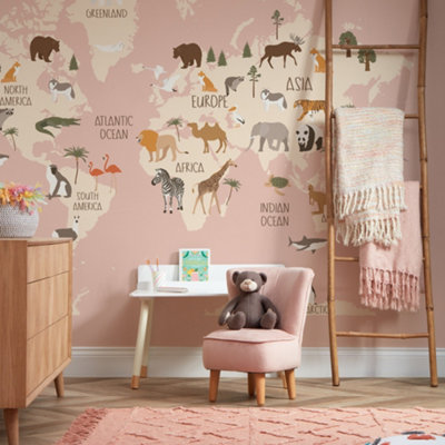 Scandi Safari Map Mural In Pink (350cm x 240cm)