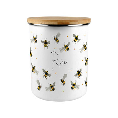 Scattered Bees Rice Canister - Bumblebee Large Enamel Kitchen Food ...