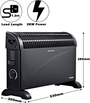 Schallen 2000W Electric Convector Radiator Heater with 3 Heat Settings - Black