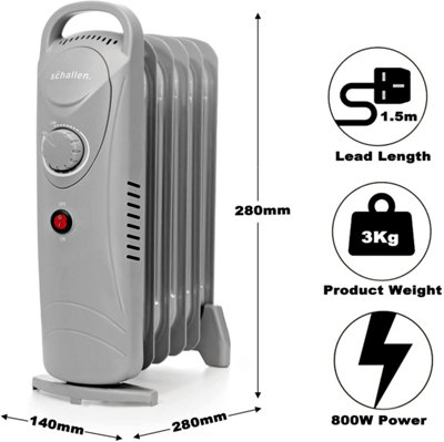 Schallen 800W 6 Fin Mini Small Portable Electric Slim Oil Filled Radiator Heater with Adjustable Temperature- GREY