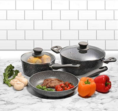 Schallen Grey Marble Non Stick Cookware Frying Pan Saucepan Pot Set with Soft Handle