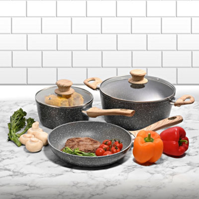 Schallen Grey Marble Non Stick Cookware Frying Pan Saucepan Pot Set with Wooden Handle