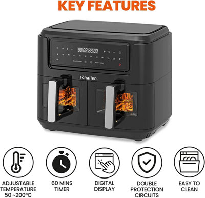 Schallen Healthy Eating Low Fat Large Digital Twin Dual Air Fryer with Double Drawer Non-Stick Cook Frying Trays