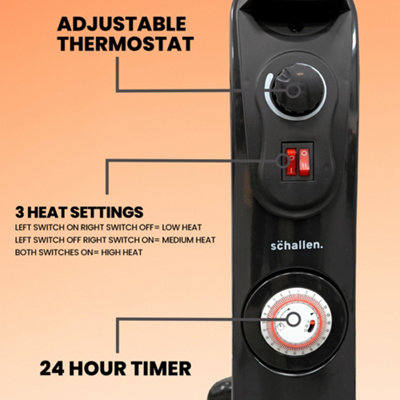 Schallen Oil Filled Radiator 2500W 11 Fin Heater + Thermostat with Timer - BLACK