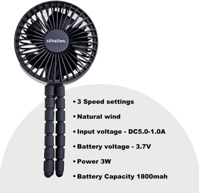 Schallen Rechargeable 4 Way Portable Clip on, Handheld Lightweight Fan for Pram, Car Seat, Desk, Office (Black)