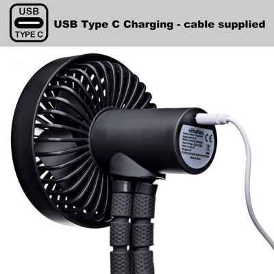 Schallen Rechargeable 4 Way Portable Clip on, Handheld Lightweight Fan for Pram, Car Seat, Desk, Office (Black)