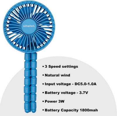 Schallen Rechargeable 4 Way Portable Clip on, Handheld Lightweight Fan for Pram, Car Seat, Desk, Office (Blue)