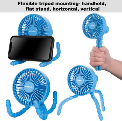 Schallen Rechargeable 4 Way Portable Clip on, Handheld Lightweight Fan for Pram, Car Seat, Desk, Office (Blue)
