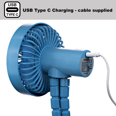 Schallen Rechargeable 4 Way Portable Clip on, Handheld Lightweight Fan for Pram, Car Seat, Desk, Office (Blue)