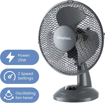 Schallen Small 9" Portable Desk Table Oscillating Cooling Fan with 2 Speed Setting & Quiet Operation in Grey