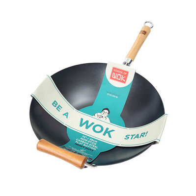 Craft Wok Flat Hand Hammered Carbon Steel Pow Wok with Wooden and Steel Helper Handle (14 inch, Flat Bottom) 731W316