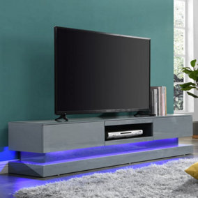 Score TV Stand With Storage for Living Room and Bedroom, 1800 Wide, LED Lighting, Media Storage, Grey High Gloss Finish