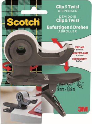 Scotch Clip & Twist Tape Dispenser, Grey, 1 Roll Included, 19 mm x 8.89 mm