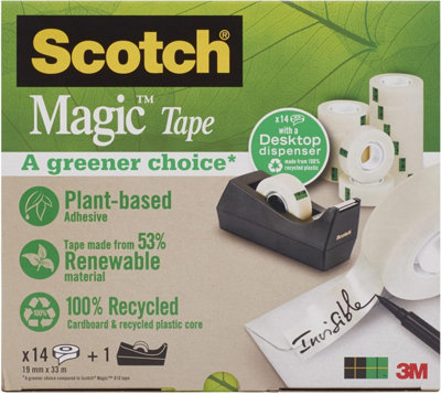Scotch Magic Tape, Made with Plant Based Materials, 19 mm x 33 m, 14 Rolls/Pack + FREE Scotch Dispenser C38, Black